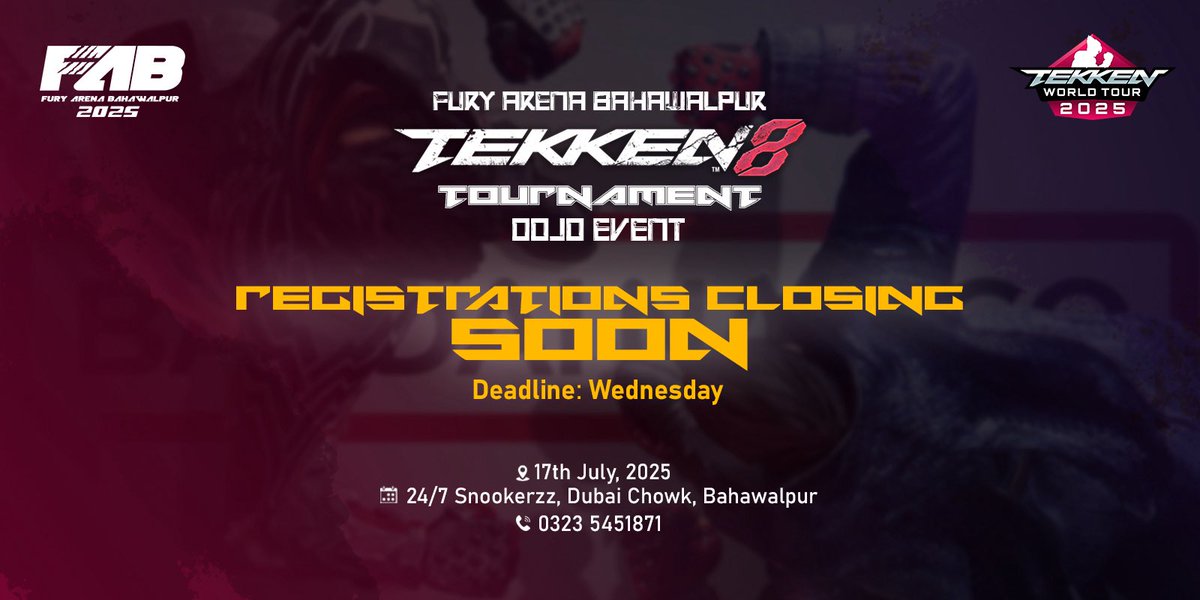 📢 Last Call

Entries closing soon, Deadline to register 16th July, Wednesday. 
Register at: start.gg/FAB2025
To register yourself manually, contact at 03235451871 (Whatsapp)

See you soon at Bahawalpur ✊🏻