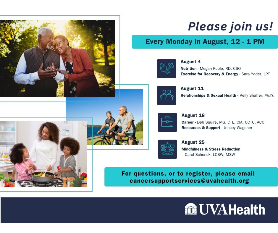 UVA Cancer Center (@uvacancercenter) on Twitter photo 🌿 Survivorship Wellness Series. Your next chapter starts here. Join us for a FREE 4-week virtual wellness series designed to support you as you navigate survivorship.
📧 To register or ask questions, email: cancersupportservices@uvahealth.org 🌿 Survivorship Wellness Series. Your next chapter starts here. Join us for a FREE 4-week virtual wellness series designed to support you as you navigate survivorship.
📧 To register or ask questions, email: cancersupportservices@uvahealth.org