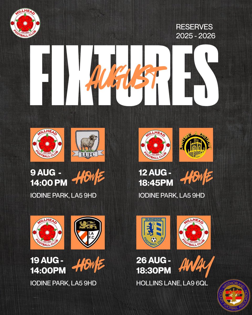 𝔸𝕦𝕘𝕦𝕤𝕥 𝔽𝕚𝕩𝕥𝕦𝕣𝕖𝕤 𝟚𝟝/𝟚𝟞 🧡

Our first team begin their season at home to NJC - which our reserves will host Lunesdale United Reserves.

See below for both teams opening 4 fixtures for the 25/26 season!

#forzamillhead 🧡