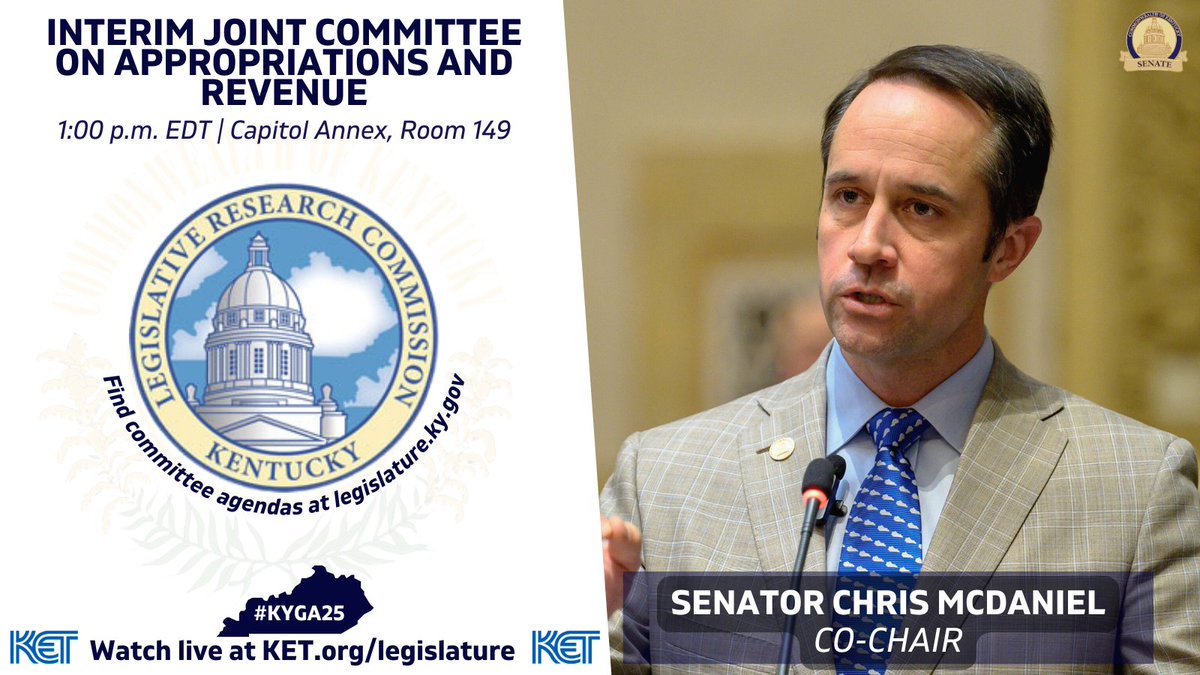 KYSenateGOP's tweet image. Catch Sen @kychrismcdaniel at the Joint Committee on Appropriations and Revenue.
If you can't make it in person, tune into KET.org/legislature for the complete discussion.
#KYGA25 #kyinterim