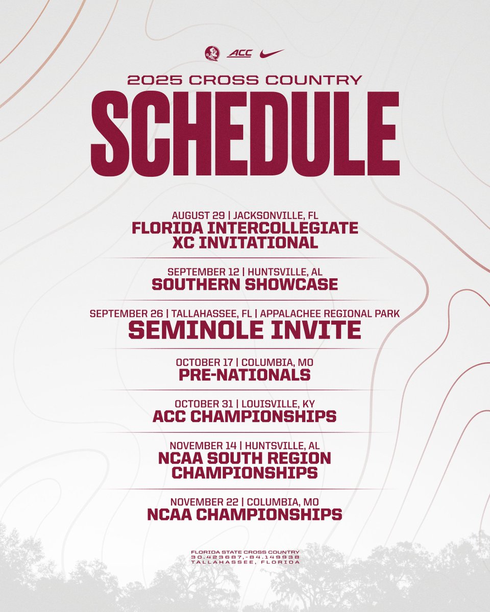 FSU_Track's tweet image. Starting your week with some great news ✨
Our 2025 Cross Country schedule is officially here!
#NoleFamily | #OneTribe