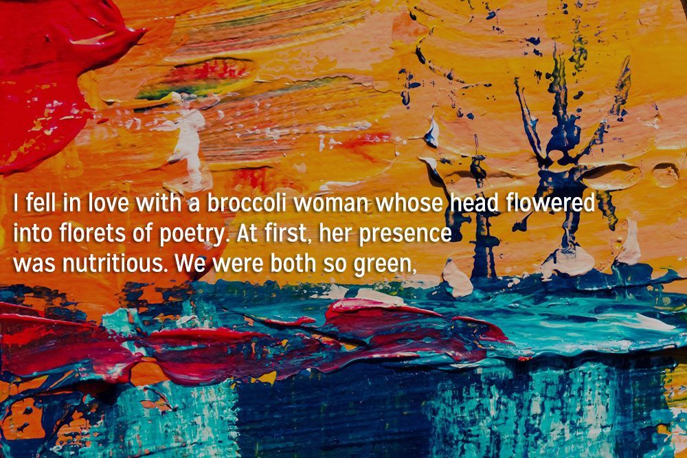 PalettePoetry's tweet image. today's #poem is "Fruit & Vegetables Picked from Daily Life" by Iris Lee
"I fell in love with a broccoli woman whose head flowered / into florets of poetry. At first, her presence / was nutritious. We were both so green,"
buff.ly/6lMg2In
