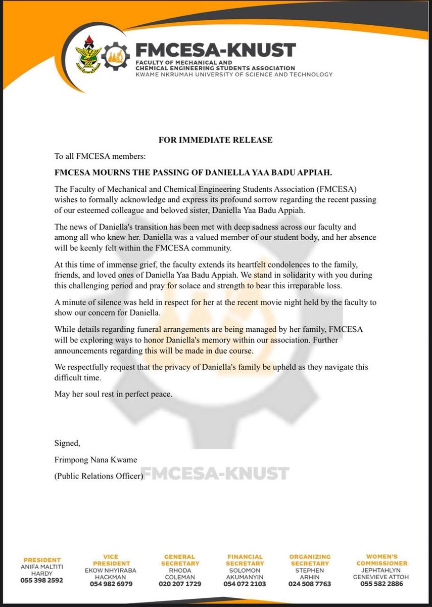 FMCESA MOURNS THE DEMISE OF DANIELLA YAA BADU APPIAH🕊️🖤