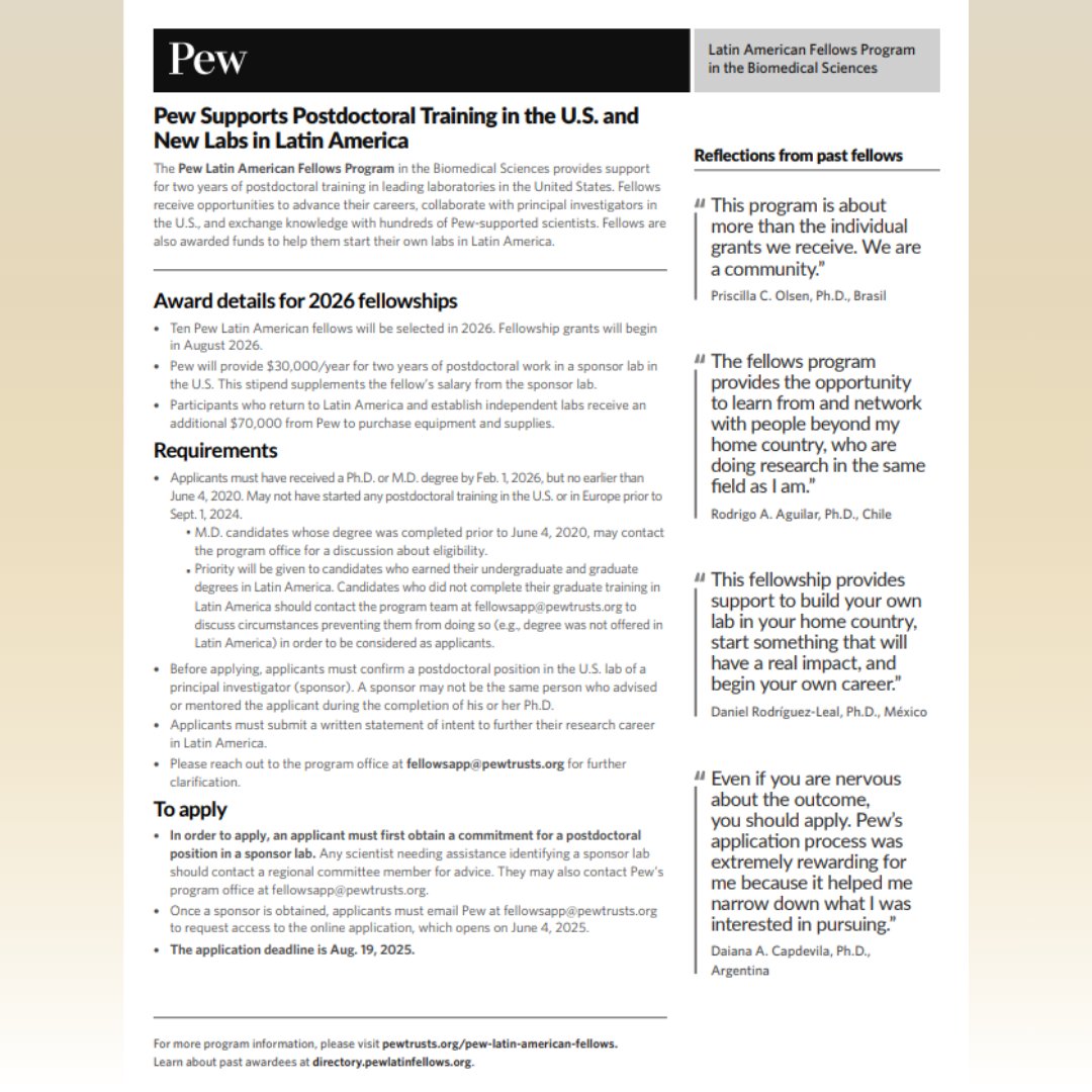 Pew Latin American Fellows Program in the Biomedical Sciences

📅 Inscrições abertas até 19 de agosto

🔗 Confira detalhes da candidatura no site: sbfte.org.br/pew-latin-amer…