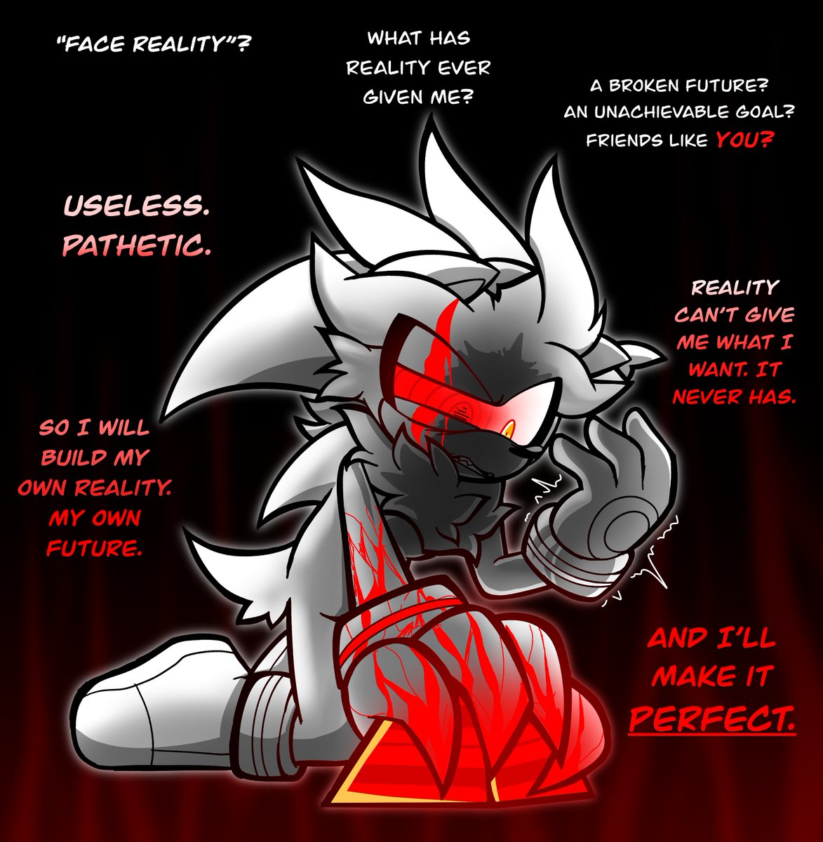 ErlangFan69's tweet image. Sonic Forces Episode Shadow but Silver Infinite AU
I wanted to draw the scene where Silver finally fully succumbs to the Phantom Ruby’s power, after getting his rad scar from Shadow.