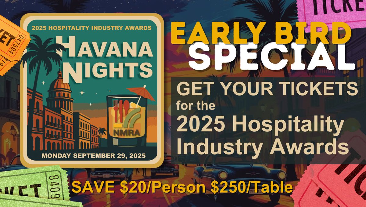 This year, we’re turning up the heat with a Havana Nights celebration. For a limited time only, Early Bird tickets are just $140 per person or $1,250 for a table of 10 — that’s a sizzling $20 off each seat, and $250 saved per table! Why wait? 

business.nmrestaurants.org/ap/Events/Regi…