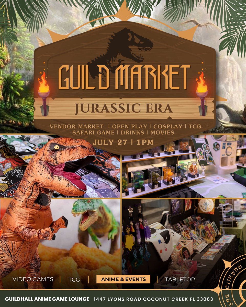 🦖 Welcome… to the Jurassic Era Guild Market! 🦕

Prepare for a prehistoric adventure on Saturday, July 27th | 1PM–6PM at Guildhall Anime Game Lounge! 

We’re going full dinosaur mode with:
🛍️ Vendor Market (Apparel, home made goods &amp; more)
🦴 Safari Scavenger Hunt
🎮 Gaming