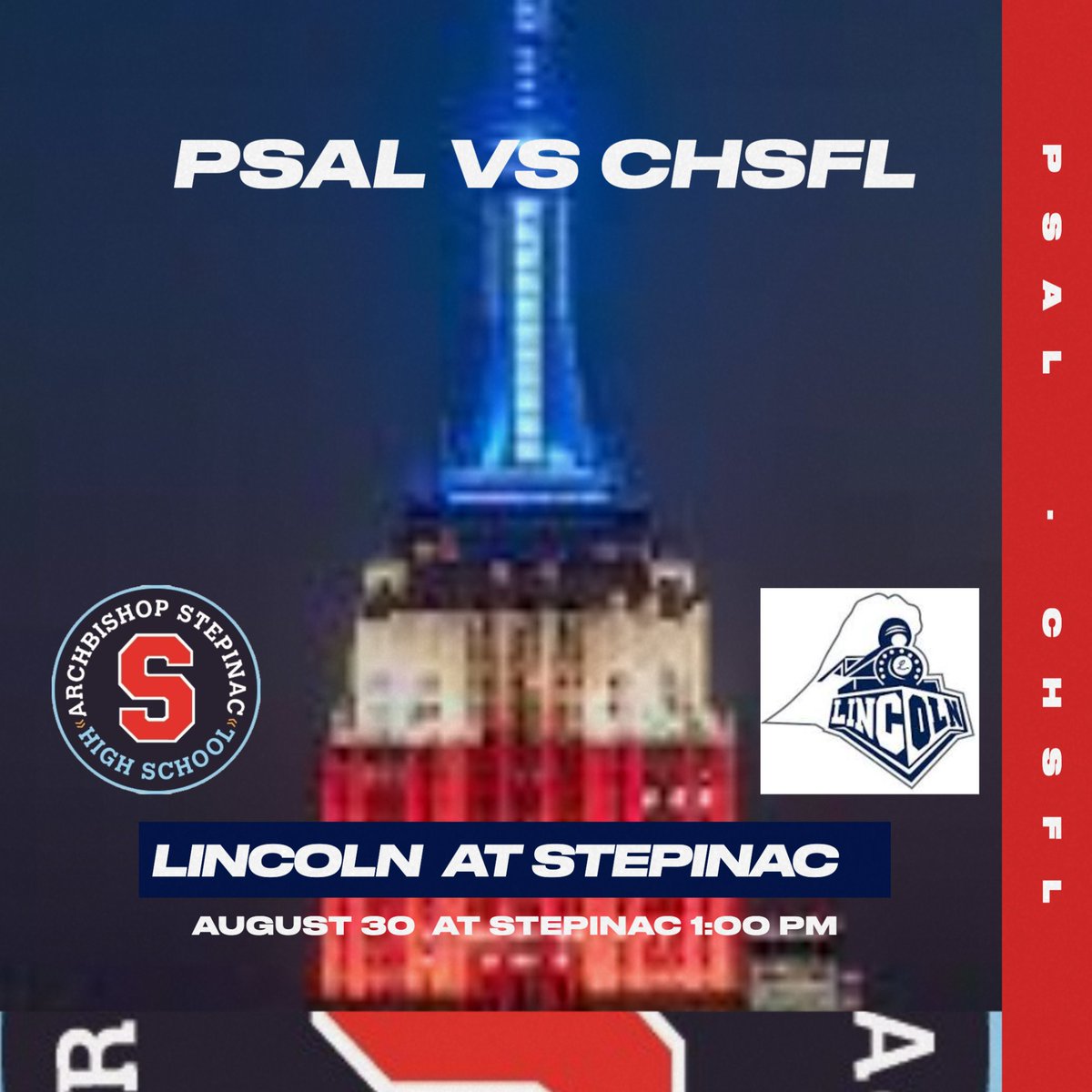 Stepinac Athletics (@stepinacsports) on Twitter photo SCHEDULE CHANGE:
Stepinac will open the season at home vs PSAL Abraham Lincoln HS from Brooklyn - August 30th at 1:00 PM. #PSALvsCHSFL #DefineYourFuture #NacNation <a href="/NYCHSFL/">NYCHSFL</a>
<a href="/StepinacHS/">Archbishop Stepinac High School</a> <a href="/KDJmedia1/">Kevin Devaney Jr.</a> <a href="/hoopsmbd/">Mike Dougherty</a> SCHEDULE CHANGE:
Stepinac will open the season at home vs PSAL Abraham Lincoln HS from Brooklyn - August 30th at 1:00 PM. #PSALvsCHSFL #DefineYourFuture #NacNation <a href="/NYCHSFL/">NYCHSFL</a>
<a href="/StepinacHS/">Archbishop Stepinac High School</a> <a href="/KDJmedia1/">Kevin Devaney Jr.</a> <a href="/hoopsmbd/">Mike Dougherty</a>
