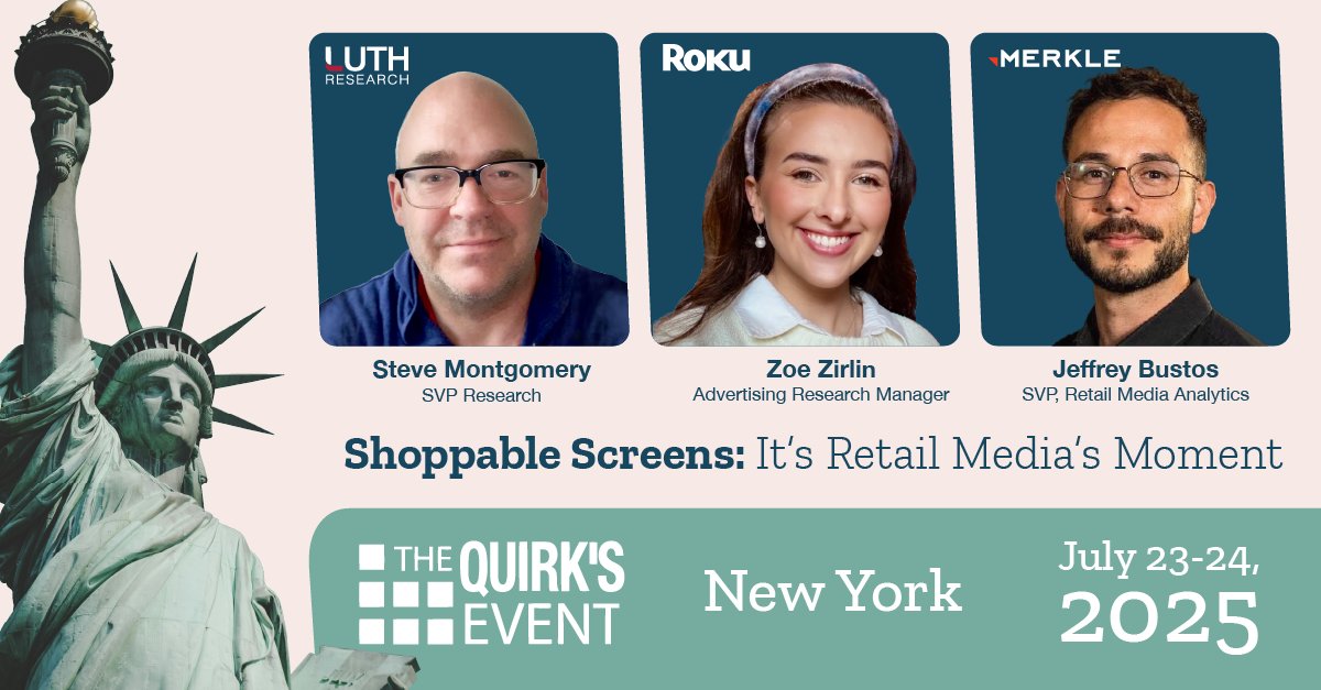 luthresearch's tweet image. Behavioral tracking found shoppable TV ads boost brand recall by 58%—even when people don&apos;t buy immediately. @luthresearch&apos;s Steve Montgomery, @Roku&apos;s Zoe Zirlin and @Merkle’s Jeffery Bustos  share how at @QuirksMR:
hubs.ly/Q03wZt4c0
#LuthResearch #BehavioralData #QuirksNYC