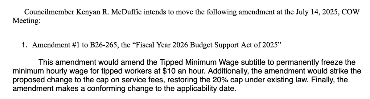 AlexKomaDC's tweet image. Now we turn to the other initiative, I-82, on the tipped minimum wage.
Janeese Lewis George is backing an amendment to remove it from the budget. Interestingly, Kenyan McDuffie circulated this change to bring the wage to $10/hour, but he withdrew it to pursue another compromise