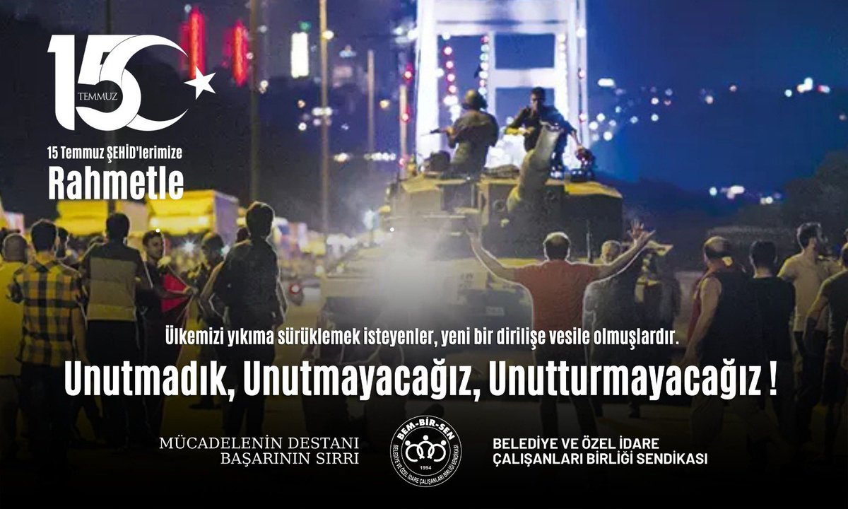 🇹🇷Milletimizin Zaferi

İmanla ve cesaretle ihanete karşı koymanın, 
Direnişle Dirilişin Destanı #15Temmuz

Birliğimizi, bütünlüğümüzü, kardeşliğimizi daha da güçlendirerek, 
Şehidlerimizin Şehadeti doğrultusunda Devletimizi, Vatanımızı, Milletimizi, Bayrağımızı sonsuza kadar
