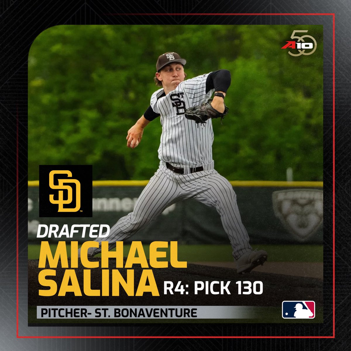 From the dream to the dugout, Michael Salina is headed to San Diego at pick 130! 🌴 #MLBDraft25 #A10Fifty