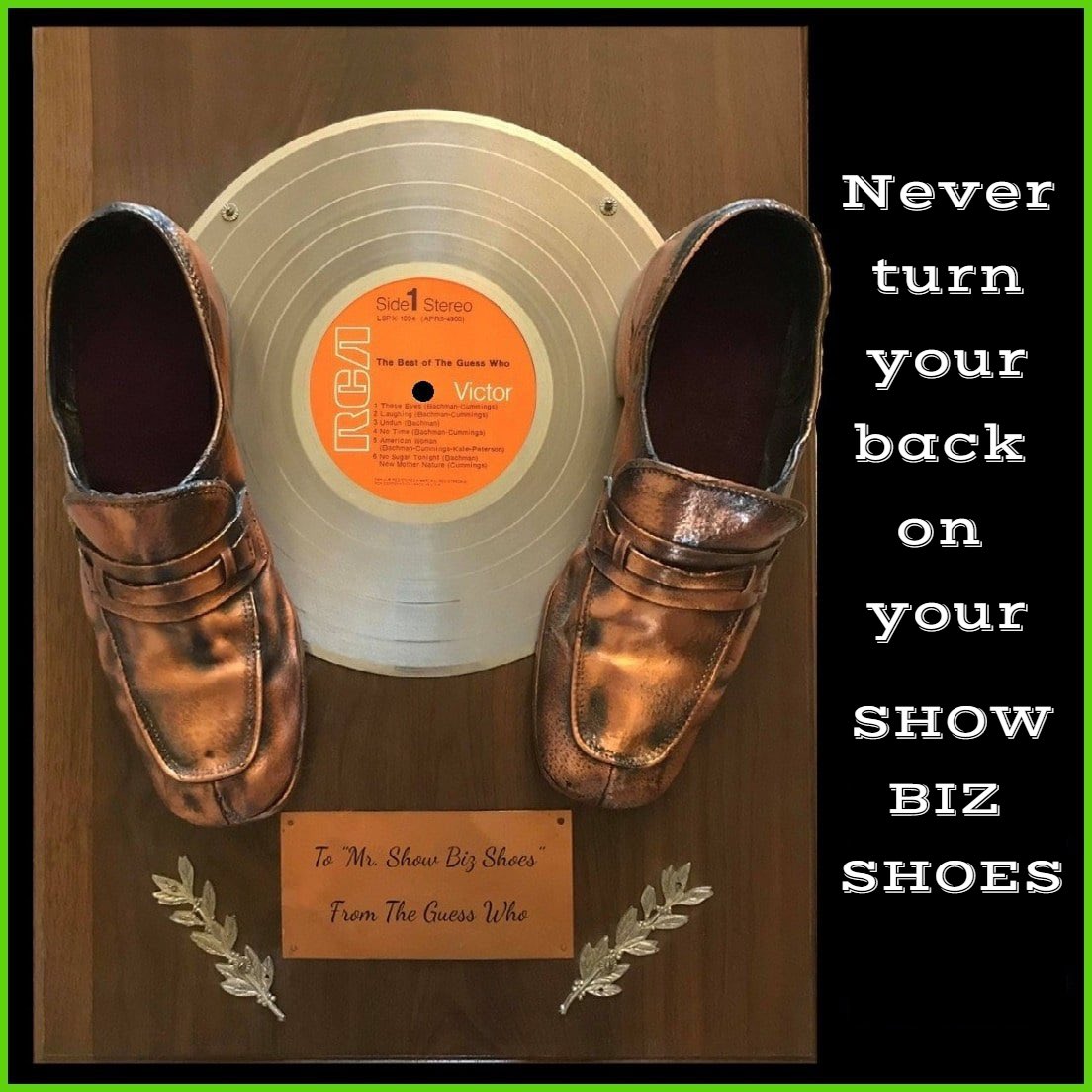 theguesswho's tweet image. About 1971 when Kurt Winter and Greg Leskiw were in the band, Peterson snagged a pair of Burton's white stage shoes. The guys had them bronzed and mounted on a plaque that was inscribed "To Mr. Show Biz Shoes. From The Guess Who." This is the plaque and those shoes are rock solid…