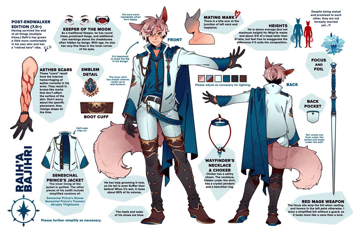 endymade's tweet image. Raih'a has grown up a little, so I made an updated reference sheet for him. Flipping back and forth, it makes my heart a little soft to see how he's changed and grown. 🥹 #FFXIVART