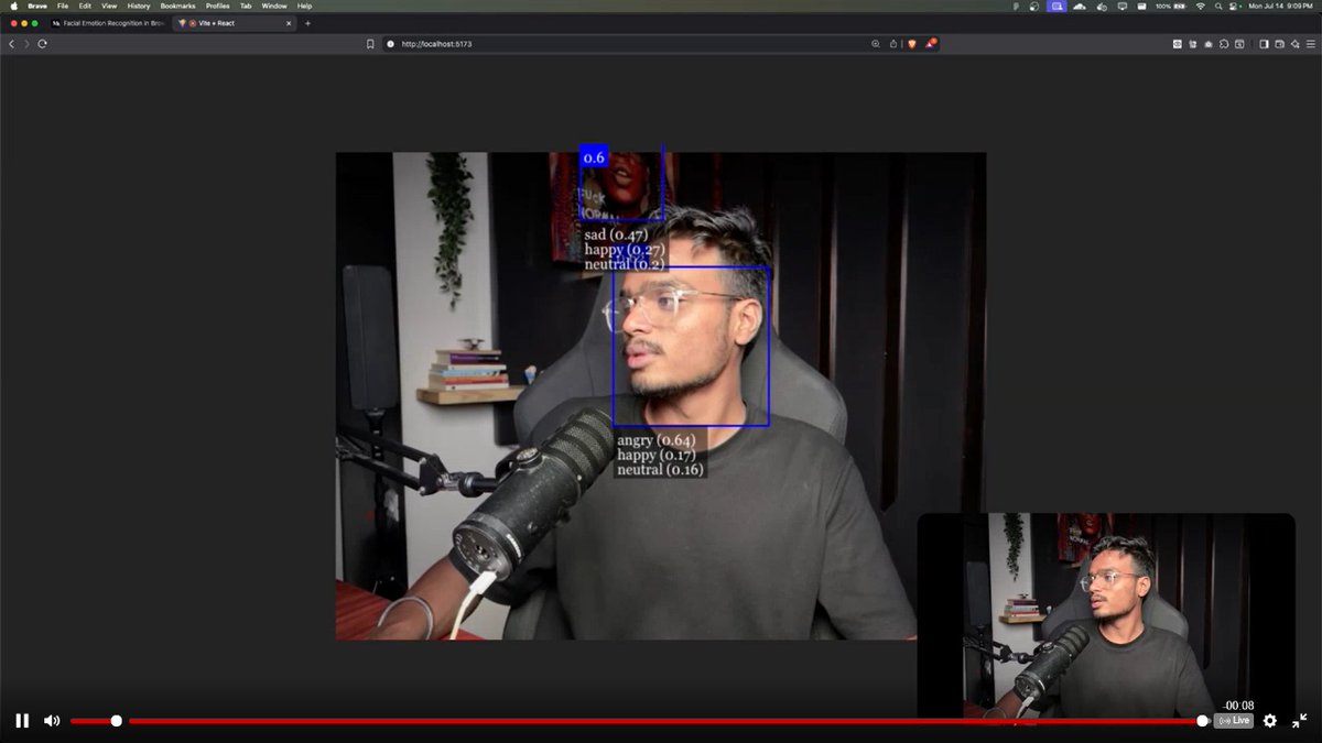 Lakshay2709's tweet image. Day 126 🎶🧠
Started my first backend-integrated project today:
👉 Live Mood Detection using Face API
🎥 Detects emotion via webcam
🎵 Suggests songs based on detected mood
Built using React + JS
#WebDev #FaceAPI #ReactJS #BackendProject #100DaysOfCode #Sheryians