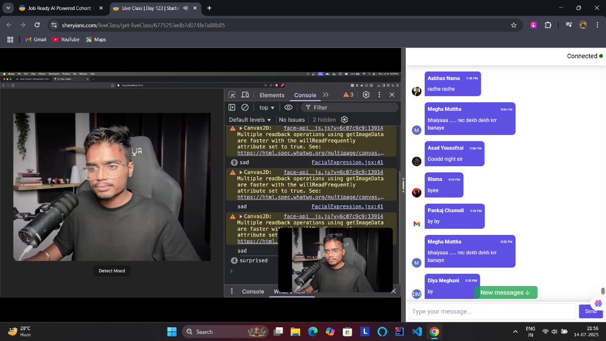 Lakshay2709's tweet image. Day 126 🎶🧠
Started my first backend-integrated project today:
👉 Live Mood Detection using Face API
🎥 Detects emotion via webcam
🎵 Suggests songs based on detected mood
Built using React + JS
#WebDev #FaceAPI #ReactJS #BackendProject #100DaysOfCode #Sheryians