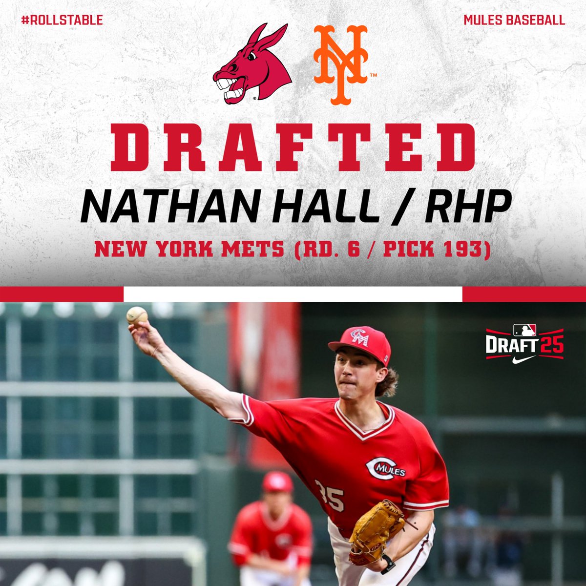 Roll Stable (@mules_baseball) on Twitter photo DRAFTEDβΌοΈ
Right-handed pitcher Nathan Hall has been selected by the <a href="/Mets/">New York Mets</a> in the 6th round of the 2025 #MLBDraft!
He's the 38th draft pick in Mules Baseball history.
Congratulations, Nathan!
#teamUCM x #RollStable DRAFTEDβΌοΈ
Right-handed pitcher Nathan Hall has been selected by the <a href="/Mets/">New York Mets</a> in the 6th round of the 2025 #MLBDraft!
He's the 38th draft pick in Mules Baseball history.
Congratulations, Nathan!
#teamUCM x #RollStable