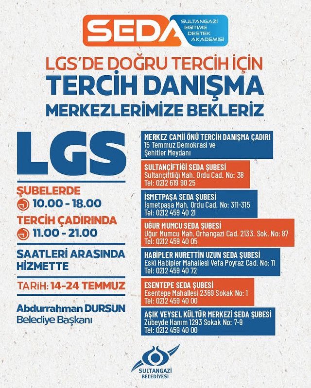LGS’de Doğru Tercih İçin Yanınızdayız. 😊

Sultangazi Eğitime Destek Akademisi (SEDA) olarak LGS Tercih Danışma Merkezlerimizde öğrencilerimizin yanındayız. 📝

⏰ Şubelerde: 10.00 | 18.00
⏰ Tercih Çadırlarımız: 11.00 | 21.00