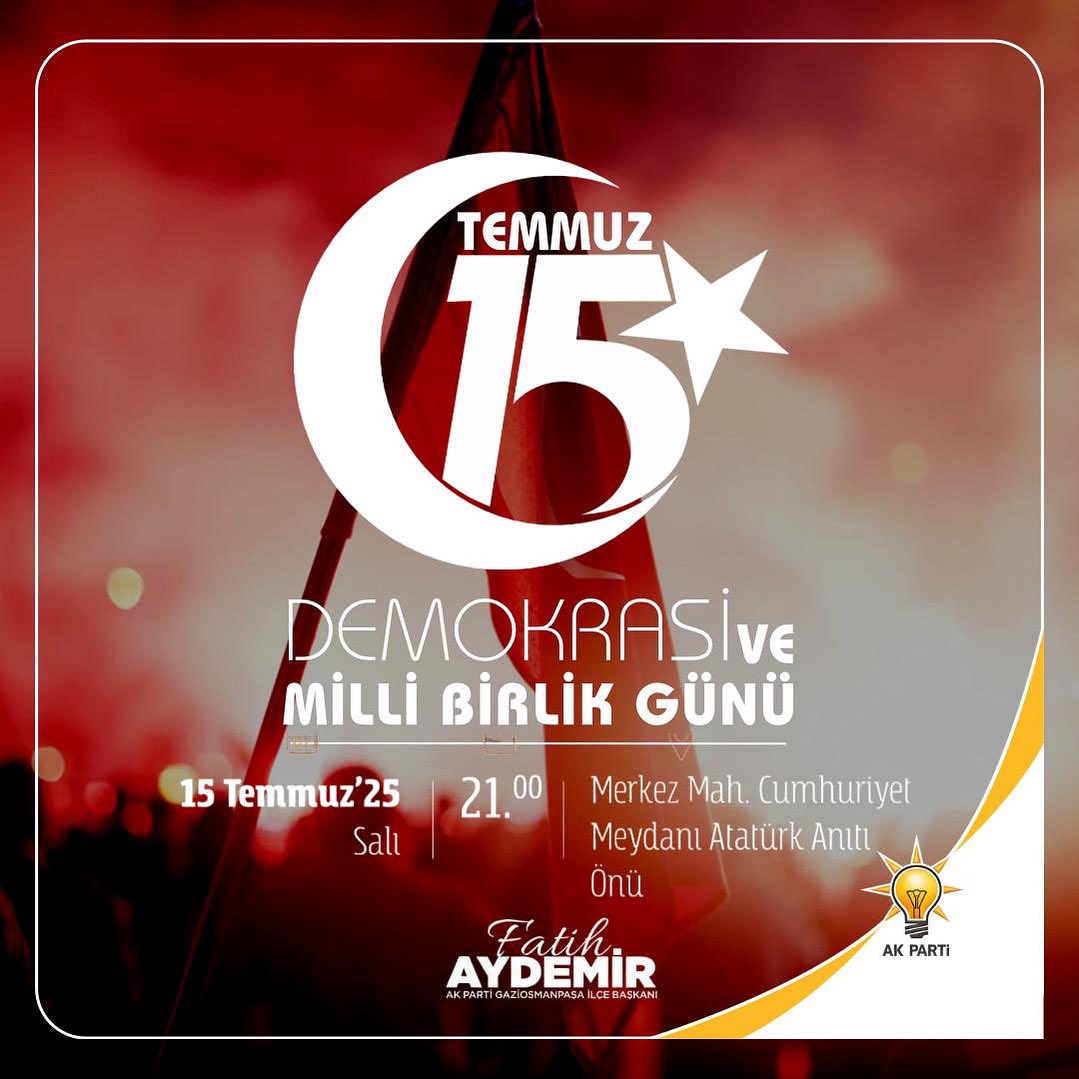 GAZİOSMANPAŞA TEK YÜREK! 🇹🇷

15 Temmuz Demokrasi ve Milli Birlik Günü’nde, vatanımıza ve milletimize sahip çıkmak için Cumhuriyet Meydanı’nda buluşuyoruz.

🗓️ 15 Temmuz Salı
⏰ 21.00
📍 Cumhuriyet Meydanı | Atatürk Anıtı Önü

Haydi Gaziosmanpaşa, tek yürek olmaya!