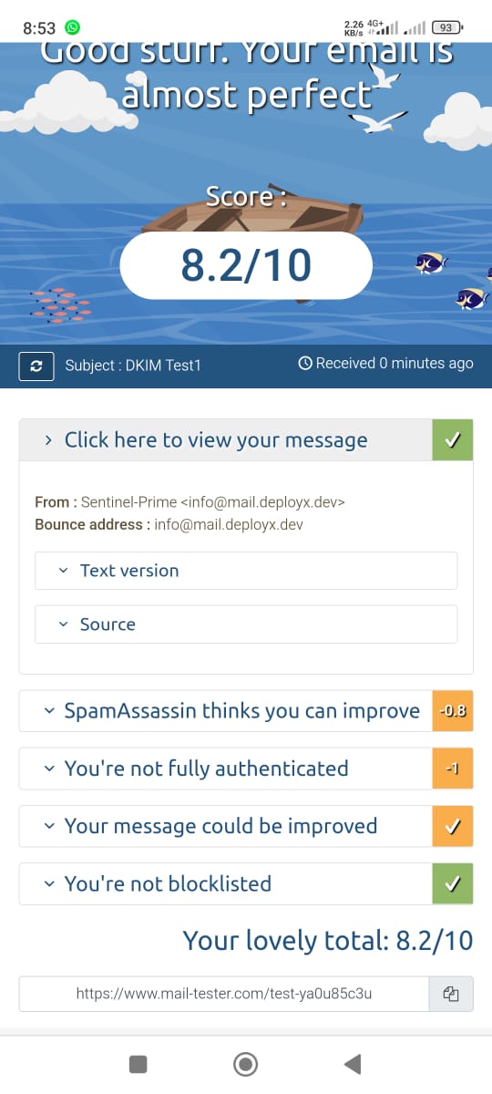 rudra2p's tweet photo. 🚀 Day 6 of #100DaysOfInfra
Improved my mail server's score from 5 to 8.2/10 on @mailtester🔍
•SPF, DKIM, DMARC
•Rspamd tuned headers
•MAIL FROM now matches auth user
•Fixed hostname
Inbox placement looking strong
Next : 9.5+ score with full ARC & TLS tuning🔥
#EmailServer https://t.co/huZfKspDED