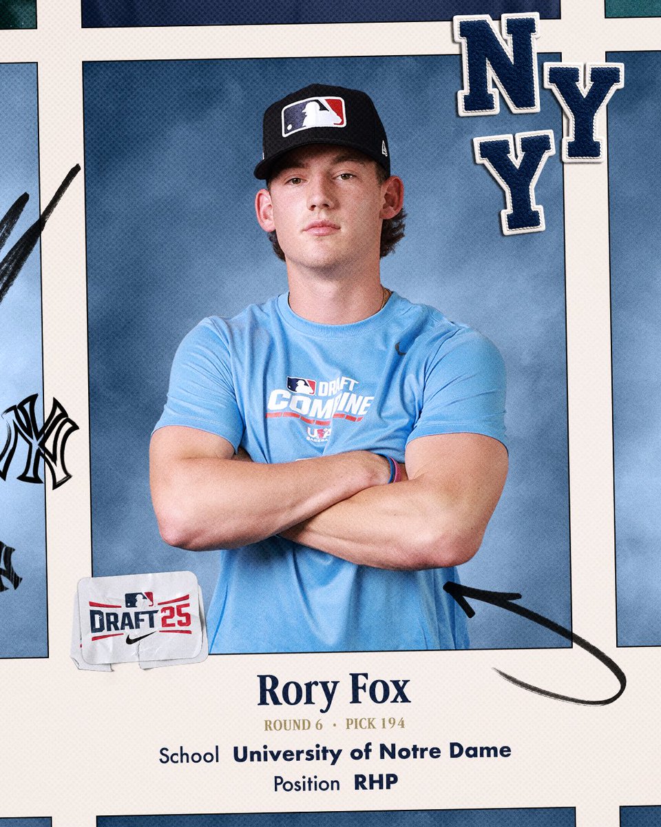 NYYPlayerDev's tweet image. Round 6 | Pick 194: The New York Yankees select RHP Rory Fox out of Notre Dame.
#MLBDraft