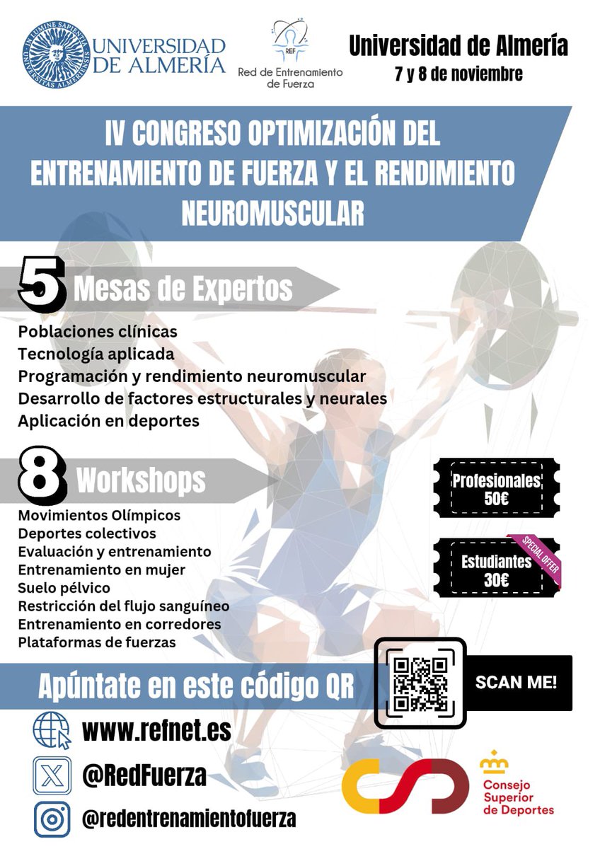SPORT Research Group (@sportresearchg1) on Twitter photo 🚨SOMOS SEDE‼️
La <a href="/ualmeria/">Universidad de Almería</a> aloja el prestigioso congreso de La <a href="/RedFuerza/">REF Red de Entrenamiento de Fuerza</a> donde se reunirán los máximos referentes nacionales e internacionales para abordar la fuerza y rendimiento neuromuscular desde diferentes perspectivas 📈
ℹ️ Más información en refnet.es 🚨SOMOS SEDE‼️
La <a href="/ualmeria/">Universidad de Almería</a> aloja el prestigioso congreso de La <a href="/RedFuerza/">REF Red de Entrenamiento de Fuerza</a> donde se reunirán los máximos referentes nacionales e internacionales para abordar la fuerza y rendimiento neuromuscular desde diferentes perspectivas 📈
ℹ️ Más información en refnet.es