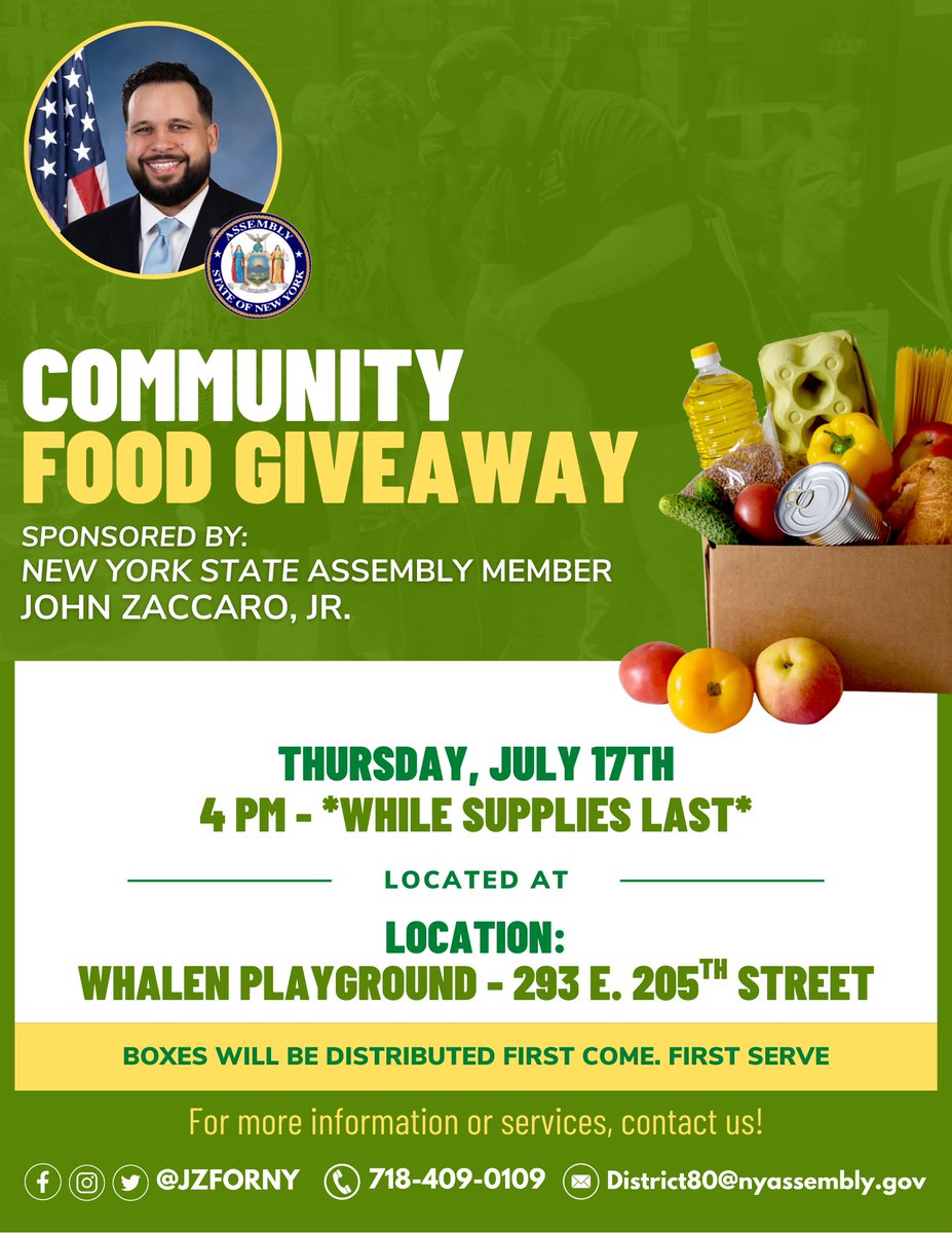 📦 FREE Food Giveaway!
Join me this Thursday, July 17 at 4PM at Whalen Playground! Team JZ will be giving out boxes of non-perishable food — first come, first served while supplies last.

Spread the word! 🍎🥫 #CommunityFirst