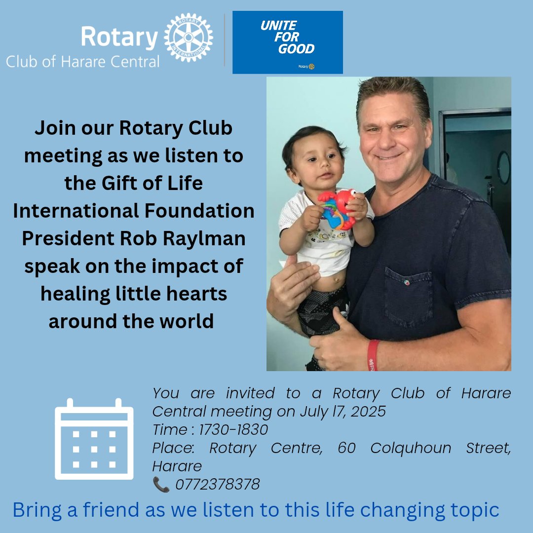 RC of Harare Central (@rchararecentral) on Twitter photo Join us this Thursday 17th July 2025 at 5.30 pm to 6.30 pm at the Rotary Centre as we listen to the Gift of Life International Foundation President Rob Raylman as he speaks on the impactful work they carry out worldwide #uniteforgood #serviceaboveself <a href="/peopleofaction/">actionbench</a> <a href="/Rotary/">Rotary International</a> Join us this Thursday 17th July 2025 at 5.30 pm to 6.30 pm at the Rotary Centre as we listen to the Gift of Life International Foundation President Rob Raylman as he speaks on the impactful work they carry out worldwide #uniteforgood #serviceaboveself <a href="/peopleofaction/">actionbench</a> <a href="/Rotary/">Rotary International</a>