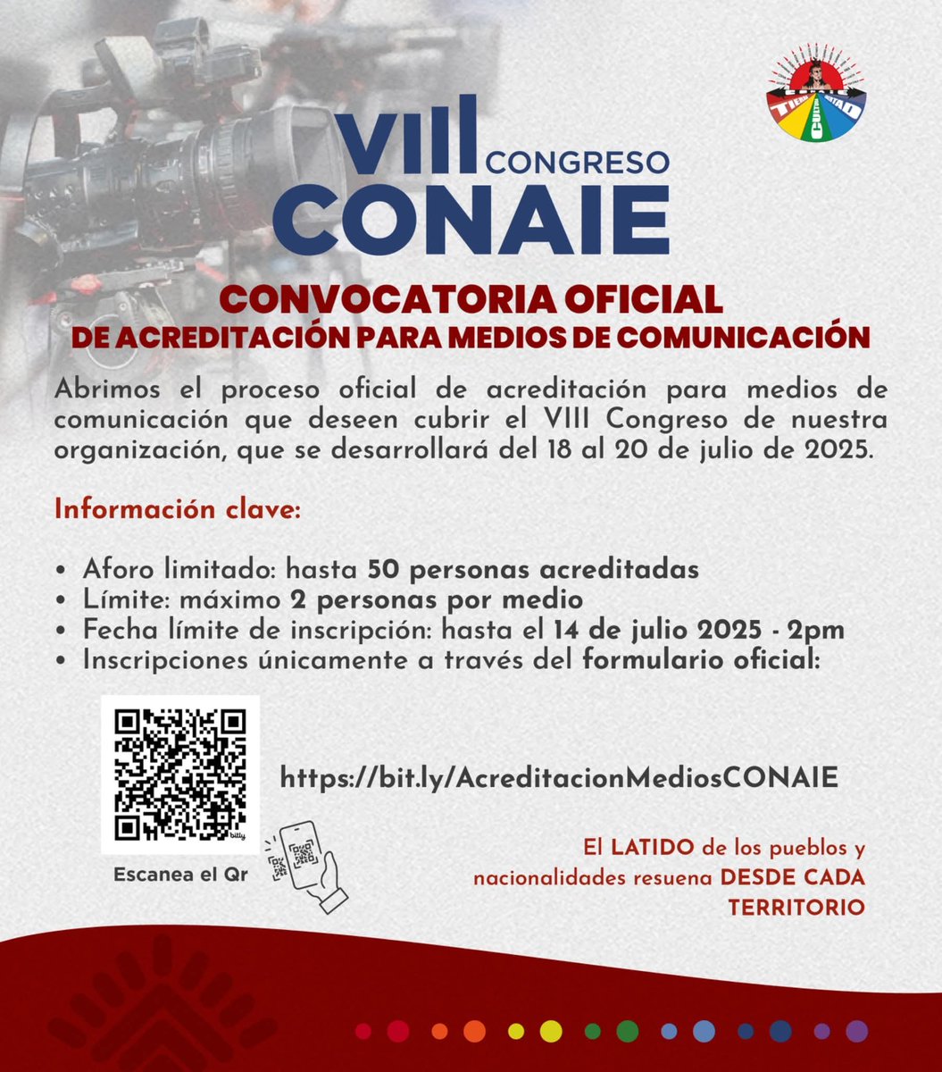 ⭕ #ATENCIÓN | Proceso oficial de acreditación para medios de comunicación que deseen cubrir el #VIIICongresoCONAIE, a realizarse del 18 al 20 de julio de 2025.

Regístrate aquí: forms.gle/VhwrEQwjy8ZL4S…

#CONAIE #PueblosIndígenas #Quito