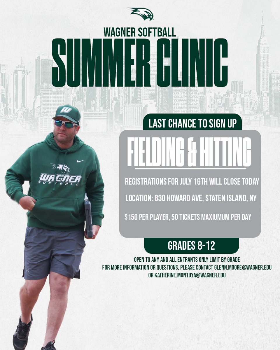 TODAY IS THE LAST DAY TO REGISTER‼️

Please if you haven’t yet, sign up today to participate in our softball summer clinic this Wednesday, July 16th!

Date &amp; Time: July 16th 9am-12pm (check in at 8:15am) 

Registration link: shorturl.at/Md9hn

#TakeFlight
