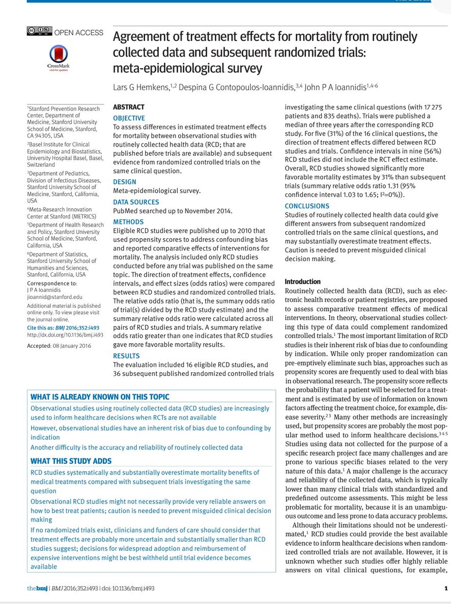 Ash Paul (@pash22) on Twitter photo Can administrative real-world data substitute for RCTs and offer propensity matching to reduce bias?
Results often fail to correspond & <a href="/LGHemkens/">Lars G. Hemkens</a> et al study showed direction of effect differed in 31% & CI failed to include RCT estimate in 56%
pubmed.ncbi.nlm.nih.gov/26858277/ Can administrative real-world data substitute for RCTs and offer propensity matching to reduce bias?
Results often fail to correspond & <a href="/LGHemkens/">Lars G. Hemkens</a> et al study showed direction of effect differed in 31% & CI failed to include RCT estimate in 56%
pubmed.ncbi.nlm.nih.gov/26858277/