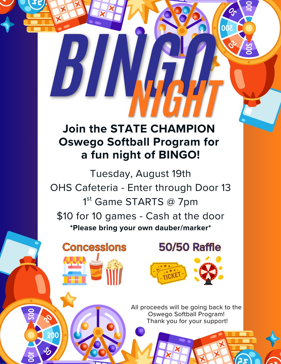 OHSPantherSB's tweet image. Join your STATE CHAMP Softball Program for BINGO Night🥳 Concessions and a 50/50 raffle will be available! All proceeds go back to the program✅
🗓️ Tuesday, August 19th
🕖 7pm START
📍 OHS Cafeteria (Enter Door 13)
💰 $10 for 10 games (Cash at the door)
