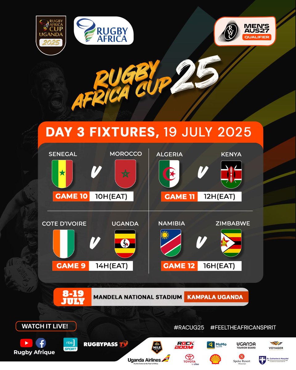 The Rugby Africa Cup 2025 Game Day 3 Fixture in up.

Senegal vs Morocco 10:00AM
Algeria vs Kenya 12:00PM
Uganda vs Cote D’Ivoire 02:00PM
Namibia vs Zimbabwe 04:00PM Final💫

🏆Rugby Africa Cup 2025 Final🏆
🗓️19th July 2025
Runner up Repecharge 
🗓️26th July 2025

Tickets available