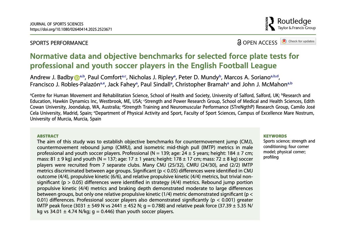 Tatopek1's tweet image. 🆕"This study provides normative data & objective benchmarks for key CMJ, CMRJ & IMTP metrics in pro & youth ⚽️ players across 7 EPL🏴 clubs"
➡️Critical insights for developing youth to pro level
👉A. Badby @chrisbramah et al, 2025 🏴
📂Open Access: tandfonline.com/doi/full/10.10…