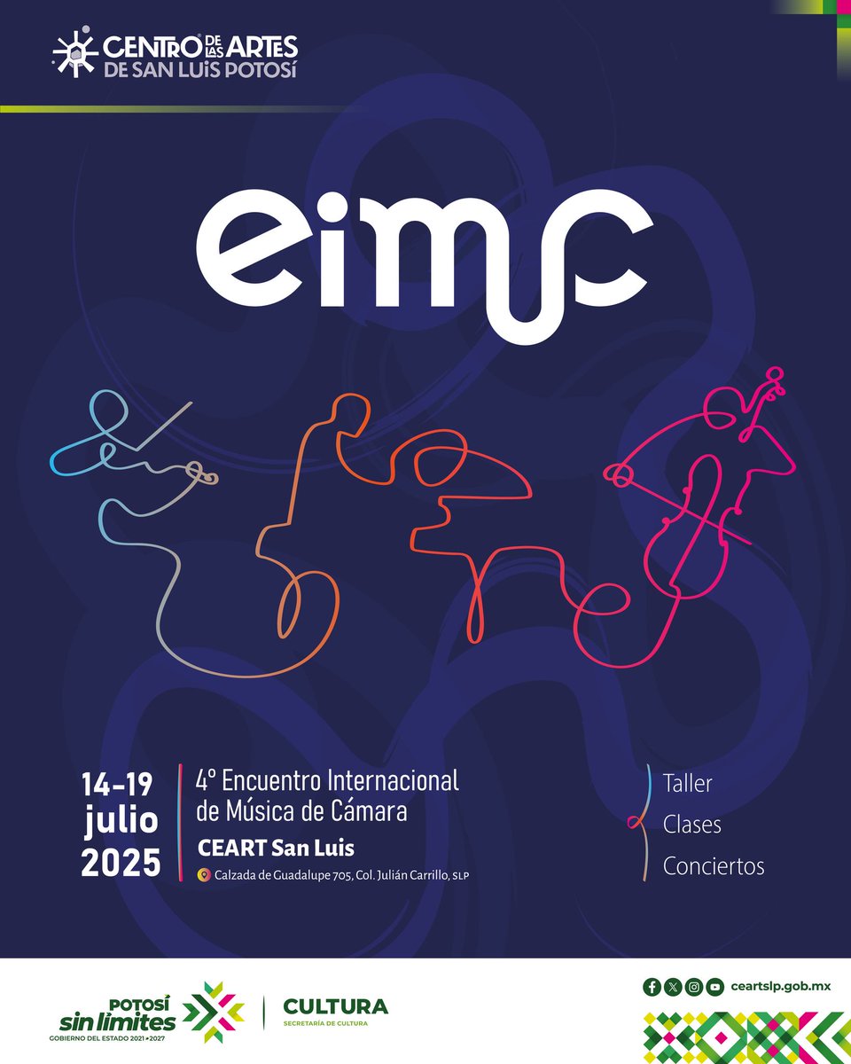 🎻✨  Del 14 al 19 de julio, el Centro de las Artes de SLP será sede del 4º Encuentro Internacional de Música de Cámara - EIMuC
¡Te invitamos a ser parte de esta celebración música!
🌐 Revisa redes sociales del Encuentro Internacional de Música de Cámara
facebook.com/profile.php?id…