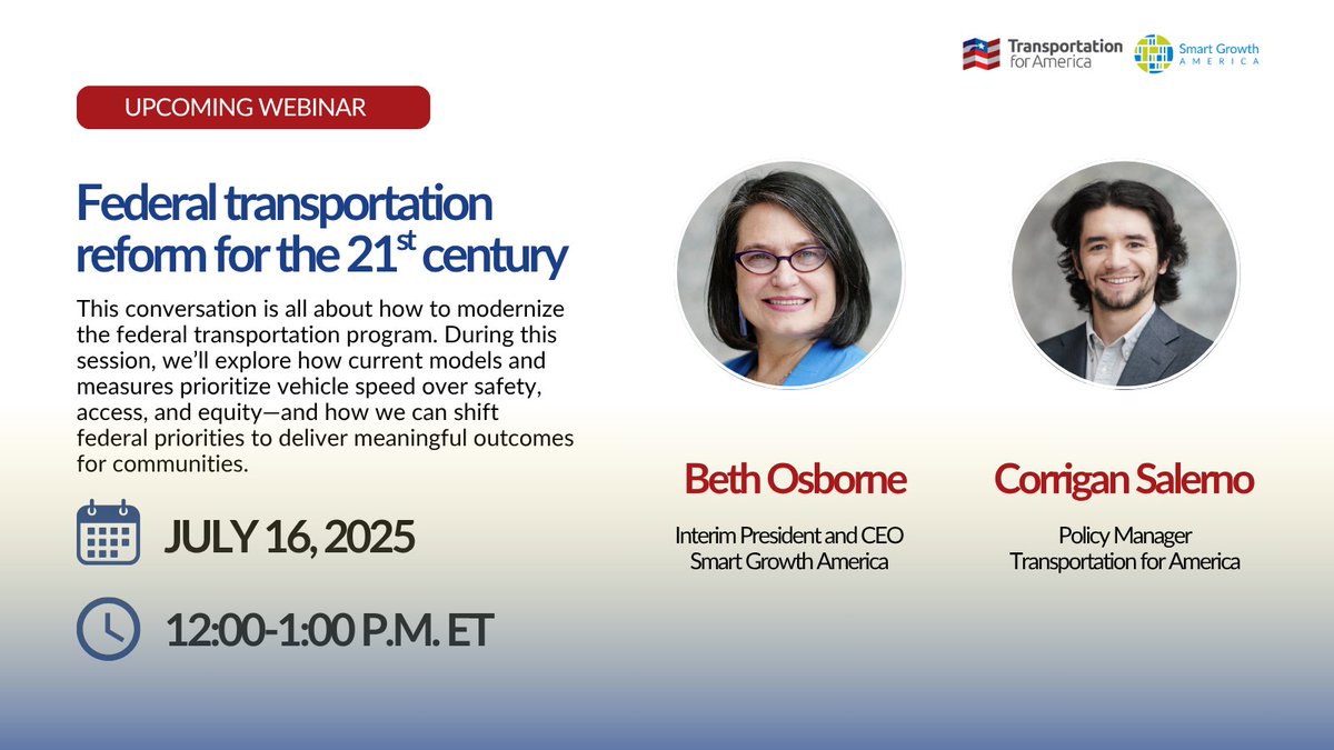 T4America's tweet image. Join us Wednesday, July 16th, at 12 p.m. ET to learn about our bold proposals for modernizing the transportation program by holding agencies accountable, updating outdated standards, and delivering real outcomes for people—not just cars.
Register here👇
us02web.zoom.us/webinar/regist…