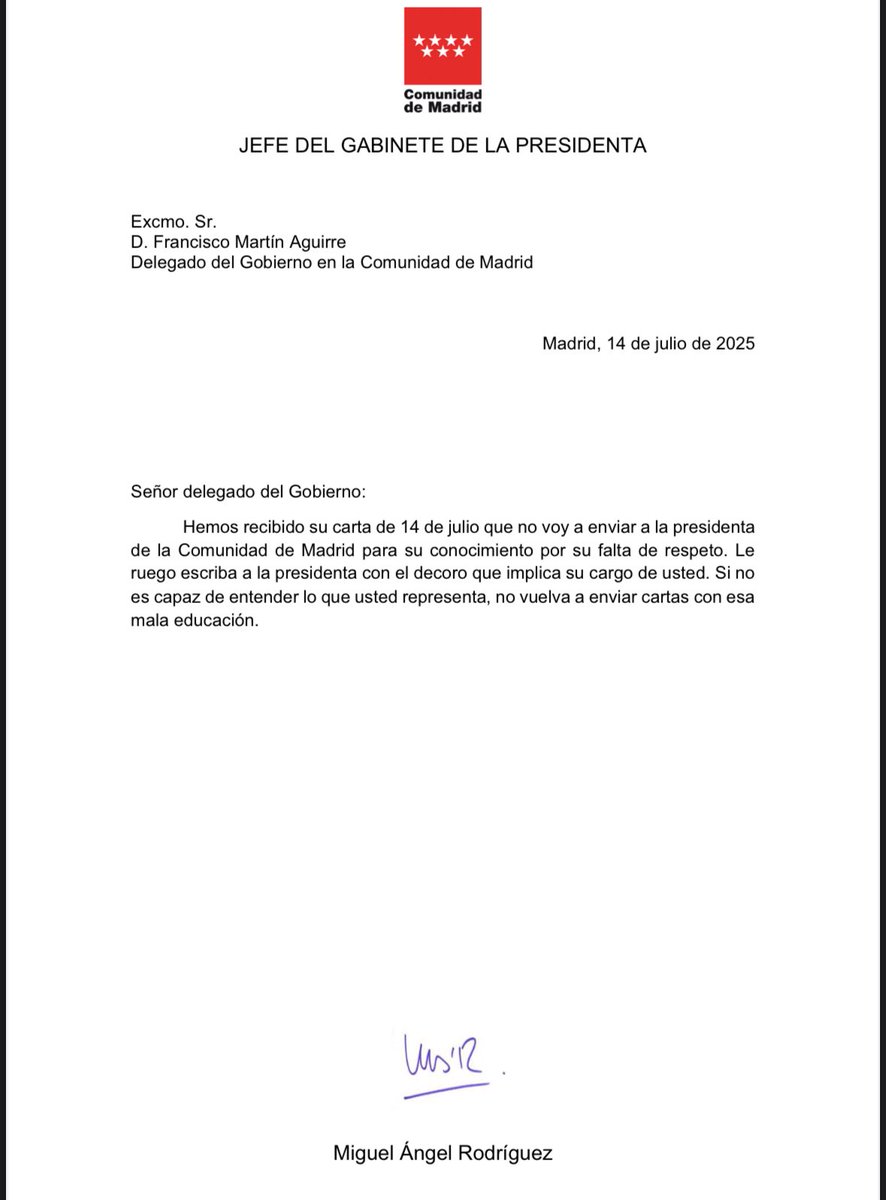 MAR al volante de la Comunidad de Madrid. Tan grave como peligroso.

Ayuso tendría que estar dando una solución urgente a una familia vulnerable a la que ha puesto en la calle en lugar de esconderse tras su jefe de gabinete por unas supuestas (y falsas) ofensas.

👇🏻Mi carta a la