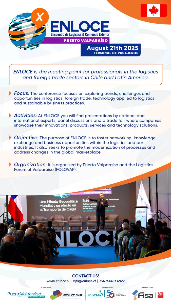 CChileVancouver's tweet image. 🌎 All set for #Chile @enloce_oficial 2025
🚢 On August 21st, the tenth Meeting of Port Logistics & Foreign Trade sectors in #Chile and #Latinamerica @PortValparaiso 🇨🇱 in collaboration with @folovap
🛜 For more information at
enloce.cl