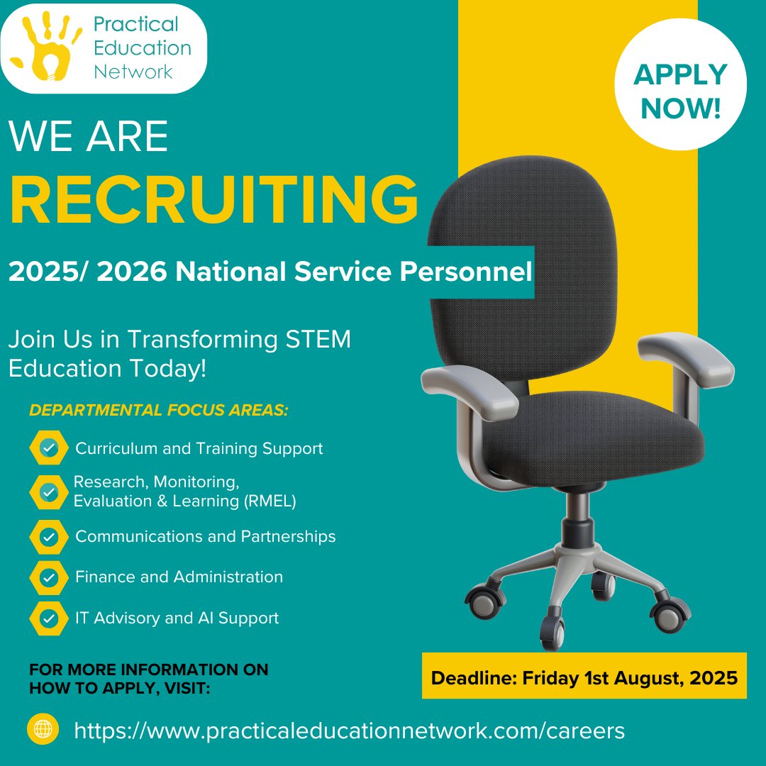 CALL FOR NATIONAL SERVICE PERSONNEL - 2025/2026!
Apply by: 1st August 2025
Open to: 2025/2026 NSS Personnel
Explore service areas, eligibility, and how to apply here: practicaleducationnetwork.com/careers

#NationalServiceGhana #PENImpact #STEMEducation #YouthInAction #Hiring #Jobs #Vacancies