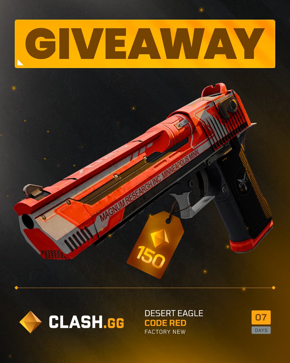 🎁$150 Desert Eagle | Code Red❤️

To enter:
✅Retweet &amp; Like,
✅Follow: <a href="/rgLyCS/">rgly</a>, <a href="/clashdotgg/">ClashGG</a>,
✅Tag a friend.

🍀Good Luck!
⏰Ends in 7 days!

#CS2 #CS2Giveaway