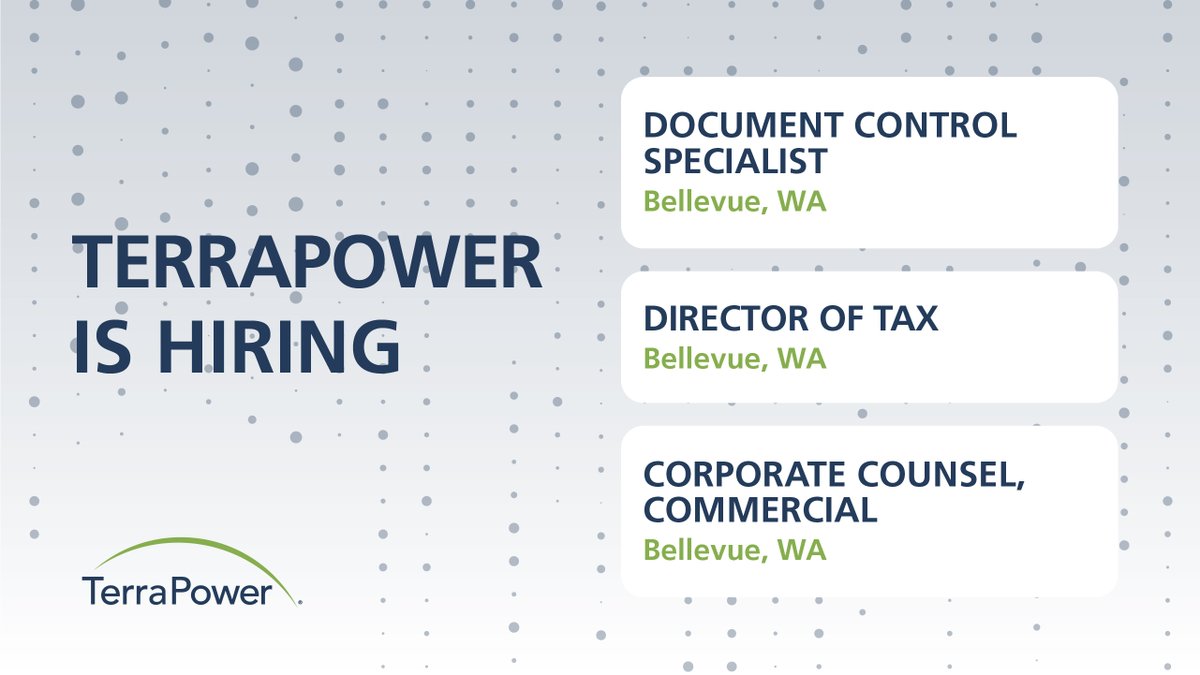 TerraPower's tweet image. 🔊 TerraPower is #hiring! Join our team and help shape the future of #NuclearEnergy. Multiple positions available. Apply now!
 
Document Control Specialist: terrapower.com/careers/#op-63… 
 
Director of Tax: terrapower.com/careers/#op-66…
 
Corporate Counsel: terrapower.com/careers/#op-66…