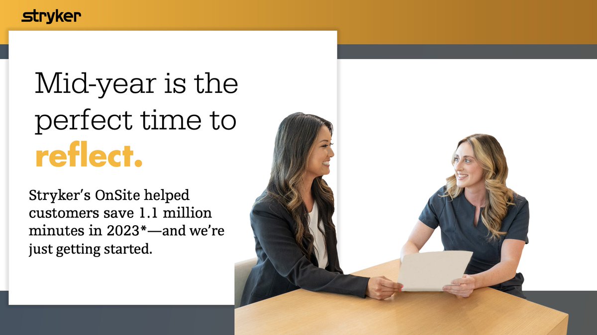 Stryker Endoscopy (@strykerendo) on Twitter photo Let’s check in on your progress and explore how we can support your team. Stryker's OnSite helped customers save 1.1 million minutes in 2023.* Talk to your local rep to learn more!
 
#OnSiteSuccess #MidYearCheckIn
 
*Data is collected by Stryker and provided the customer on a Let’s check in on your progress and explore how we can support your team. Stryker's OnSite helped customers save 1.1 million minutes in 2023.* Talk to your local rep to learn more!
 
#OnSiteSuccess #MidYearCheckIn
 
*Data is collected by Stryker and provided the customer on a