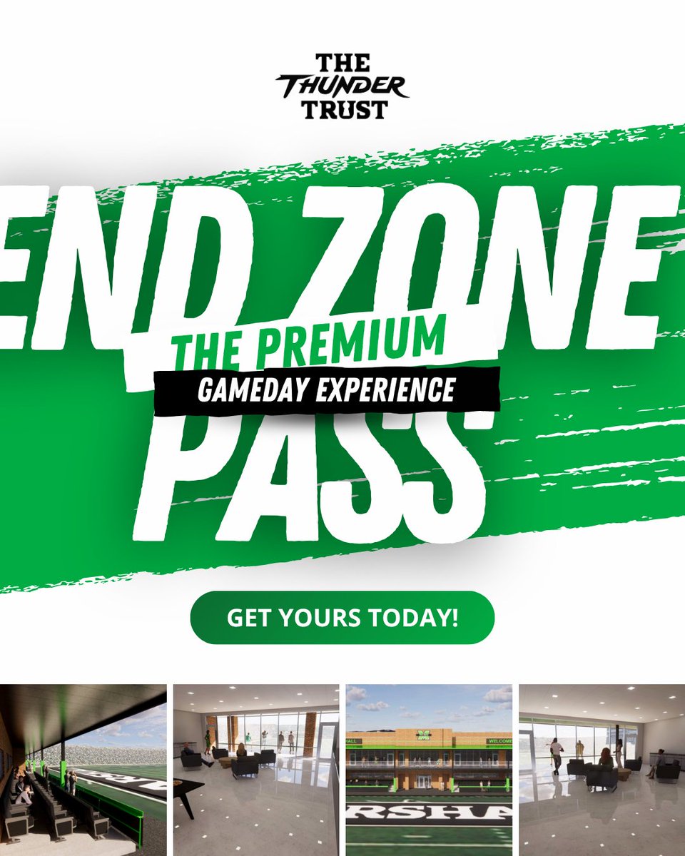 TheThunderTrust's tweet image. 🚨 Upgrade your Herd gameday! 🚨
-End Zone Pass = best views, sideline access, & all-inclusive perks!
-Food & drinks included all game long!
-Plus, grab the latest Marshall gear so you’re ready for kickoff in the fall!
Lock in your pass now bit.ly/3DSVXT0