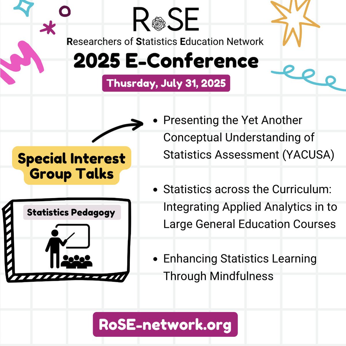 Do you teach statistics, or do you conduct research about teaching statistics? The RoSE e-Conference on July 31st has sessions for you! Join our Statistics Pedagogy special interest group talks by registering for free here: bit.ly/roseconference… #StatsEd #statistics
