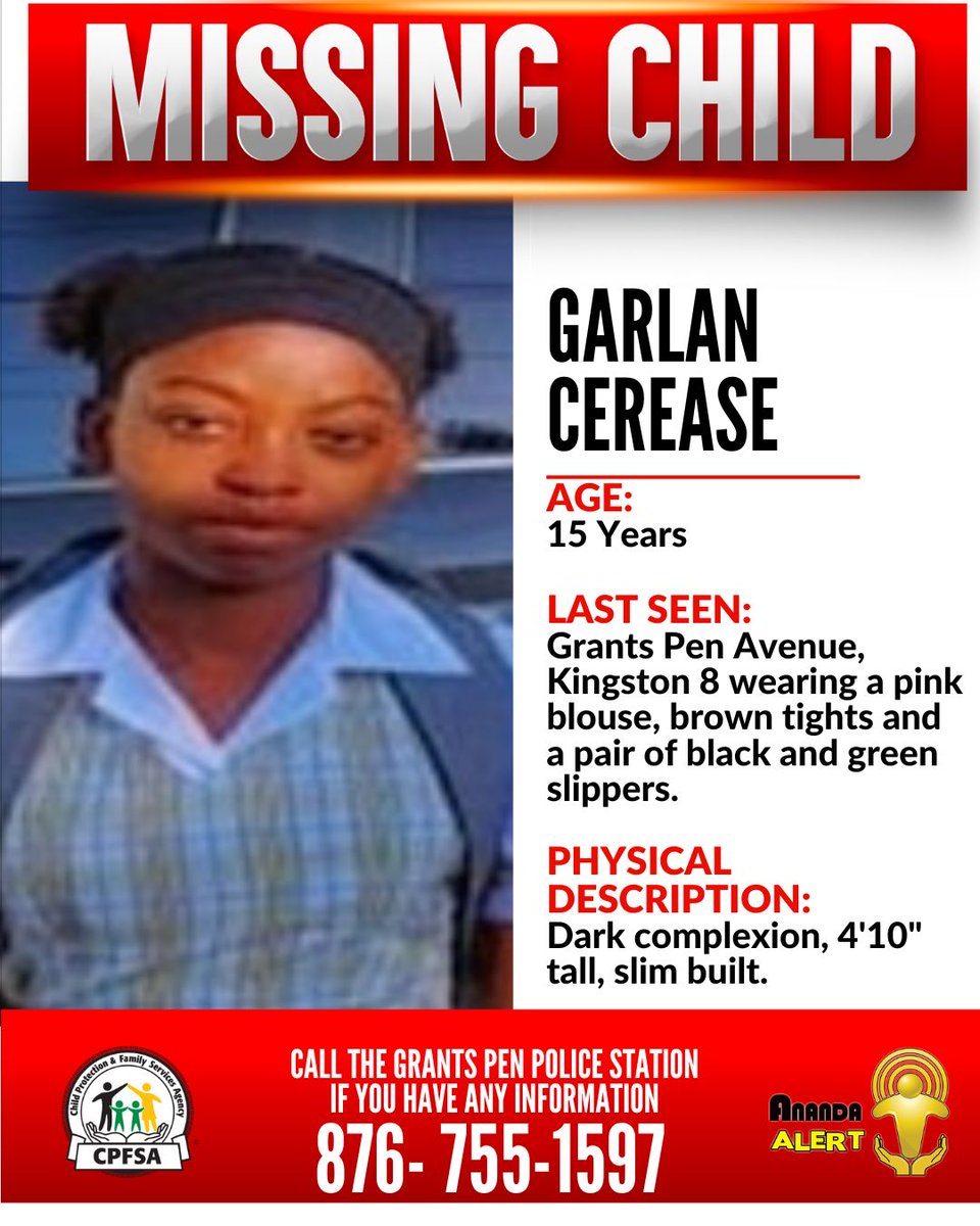 cpfsajm's tweet image. #AnandaAlert #FindGarlan
Garlan Cerease, a 15-year-old from Grants Pen Avenue, Kingston 8, has been reported missing. She was last seen on Saturday, July 12, 2025.
If you have any information that could assist in her safe return, contact the Grants Pen Police or the CPFSA.