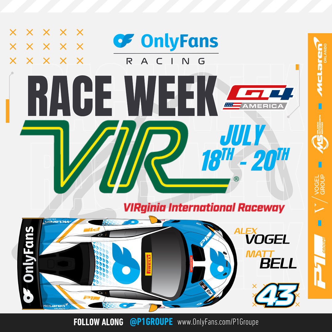 P1Groupe's tweet image. 🏁 IT’S RACE WEEK!
We’re back at it July 18–20 @VIRNow — don’t miss the action!

🔴 EXCLUSIVE content only on @OnlyFans 🖤4️⃣3️⃣

🤝 @watchoftv 
🛞@43vogel @mbellracing
🔧@omsrace @mclarenorlando
🏆 @gt4america 

#onlyfans #onlyfansracing #GT4 #P1Groupe #motorsports #mclaren