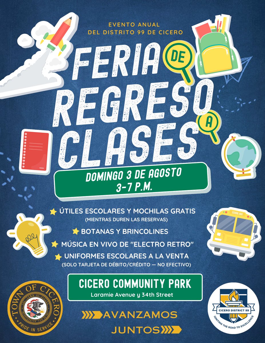 🎉 CICERO DISTRICT 99'S ANNUAL BACK TO SCHOOL FAIR IS HERE! 🚀

RSVP Here: facebook.com/share/19omLLCz…

Get ready, Cicero! The most exciting family event of the summer is coming your way, and you do not want to miss it. Mark your calendars as we blast off into the new school year —