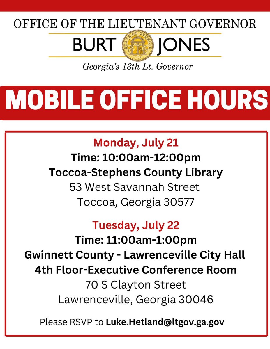 LtGovJonesGA's tweet image. Next week, Mobile Office Hours will be in:
📍Gwinnett County
📍Toccoa-Stephens County
📍Webster County
📍Sumter County
Stop in, meet with my team, and let us know how we can best serve your community. Hope to see you there! #gapol