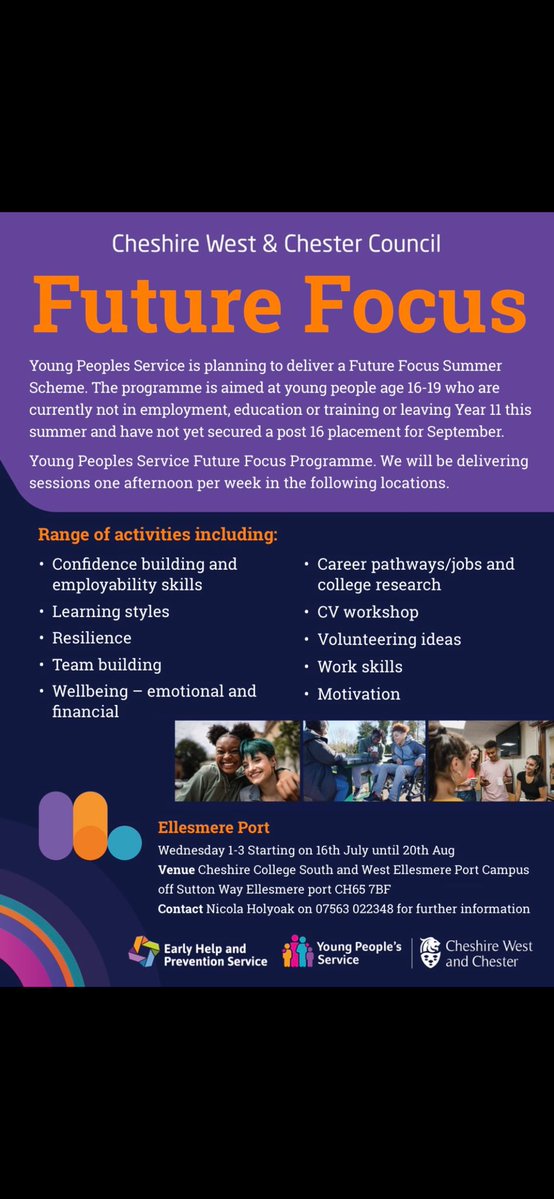 CWAC Young people's services are hosting these sessions 1-3pm on a Wednesday at the Ellesmere Port Campus for year 11 pupils who are currently not on any training/courses.
Starting this Wednesday (16th July) and running until 20th August.