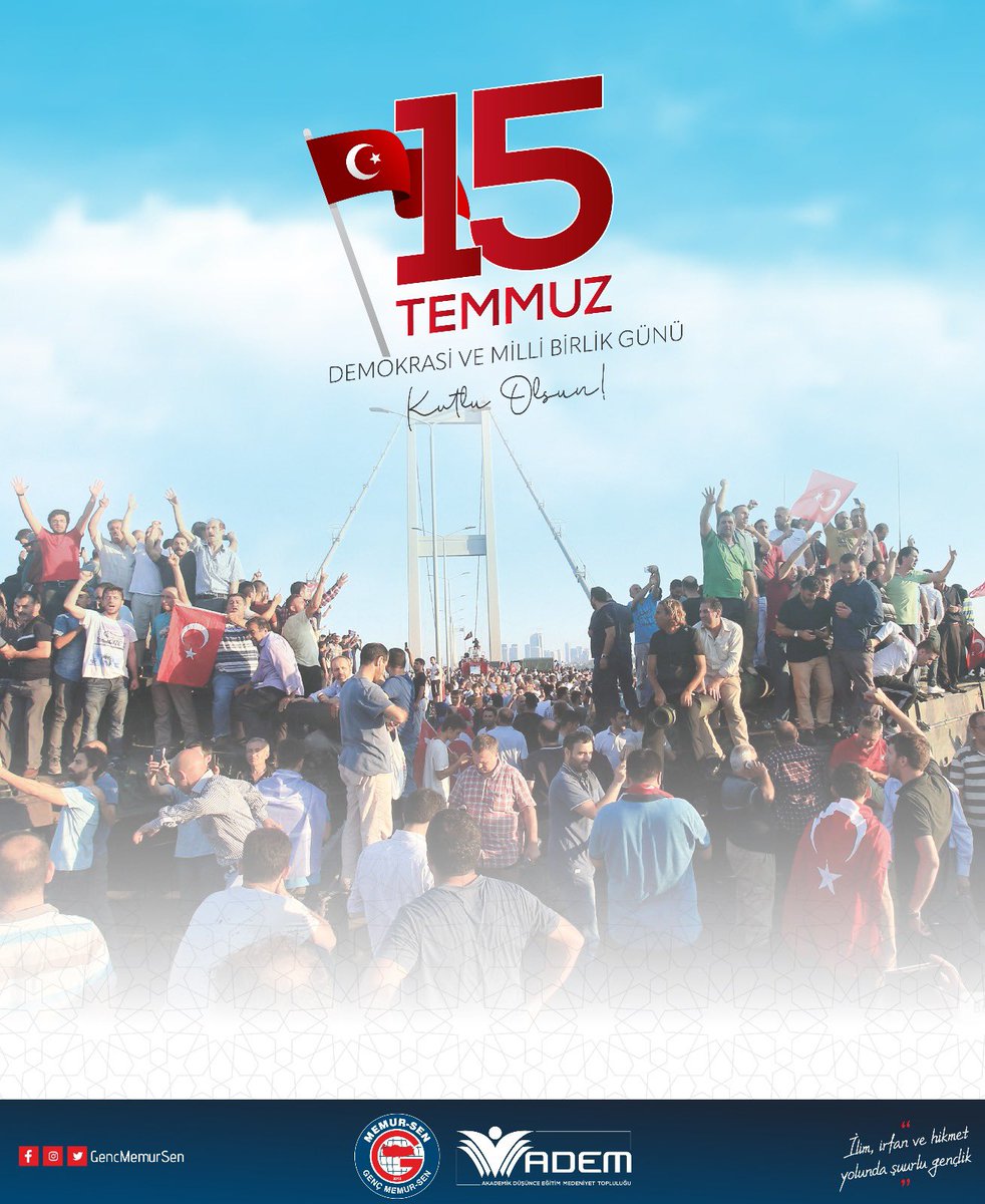 15 Temmuz gecesi milletimiz, vatanına ve iradesine sahip çıkarak bir destan yazdı.

Şehitlerimizi rahmetle, gazilerimizi minnetle anıyoruz.

#15Temmuz Demokrasi ve Millî Birlik Günümüz kutlu olsun.🇹🇷